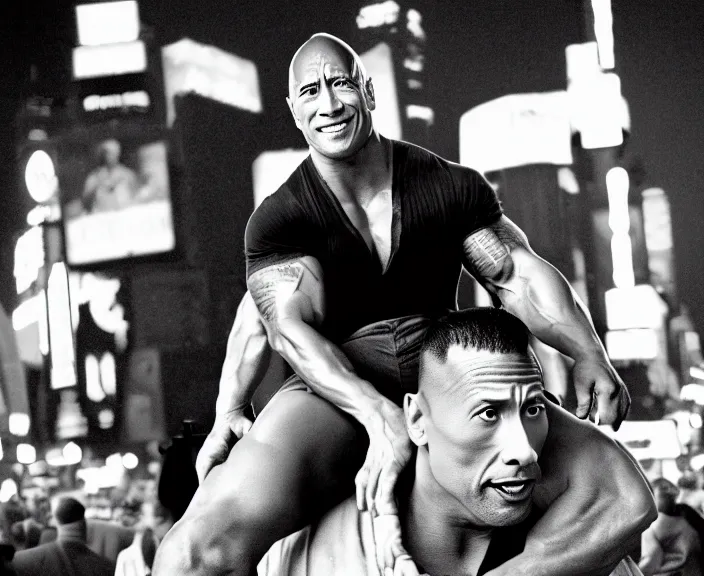 Image similar to Dwayne the Rock Johnson riding on the back of Adam Sandler, doing Methamphetamine at Times Square, photograph by Alfred Eisenstaedt, 4K, dramatic lighting; 4K 8K