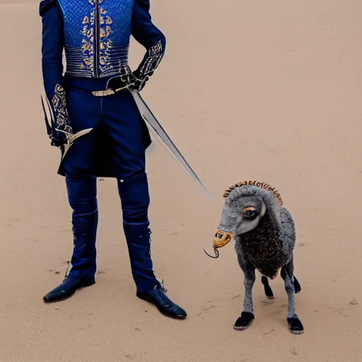 Image similar to medium shot of adult Austin Butler dressed in futuristic-baroque prussian blue duelist-garb with Griffin-Ram embroidery emblem, and nanocarbon-vest and greaves, standing in an arena in Dune 2020, XF IQ4, f/1.4, ISO 200, 1/160s, 8K, RAW, unedited, symmetrical balance, face in-frame