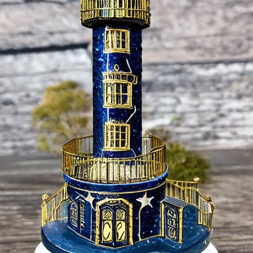 Prompt: an ornate lighthouse 28mm miniature, detailed with white and gold filagree and goldleaf decorative elements, sitting on a desk, painstaking detail, black lacquer, glossy shiny reflective, splashed with graffiti art