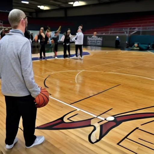 Prompt: A basketball coach standing around on the court