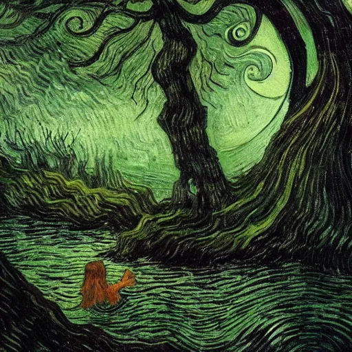 Prompt: highly realistic scenic painting of a towering misty dark fantasy forest surrounding a pond, a rusalka sits on the roots of an ancient tree looking up at the moon, spooky fog, looming trees, beautiful fantasy painting hd, painting by van gogh