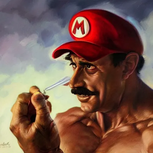 Prompt: an ultra - realistic portrait painting of mario in the style of frank frazetta. 4 k. ultra - realistic. highly detailed. dark fantasy. epic lighting.