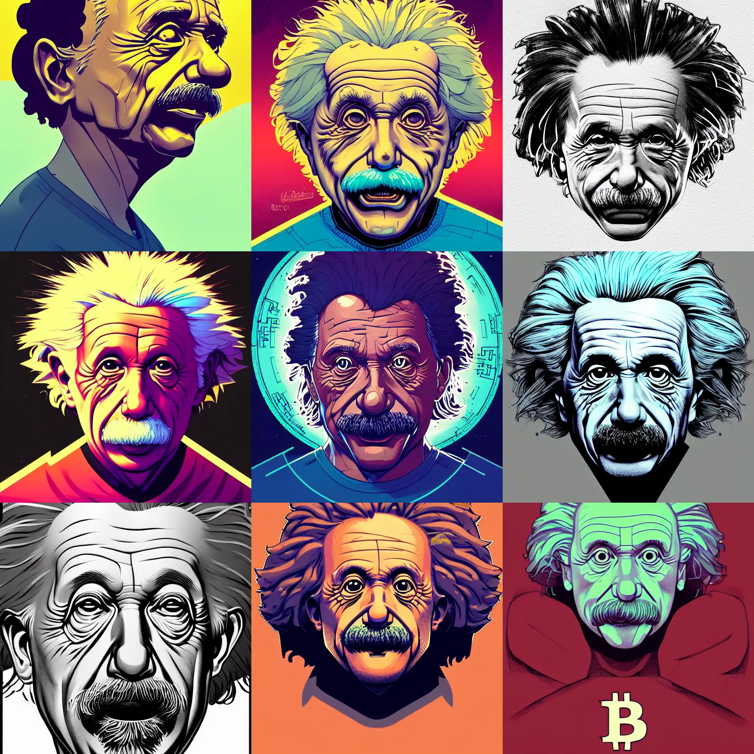 Prompt: cell shaded head shot of einstein head, bitcoin concept art, llustration, concept art by josan gonzales and wlop, by james jean, victo ngai, david rubin, mike mignola, laurie greasley, highly detailed, sharp focus, logo trending on artstation, hq, deviantart, art by artgem