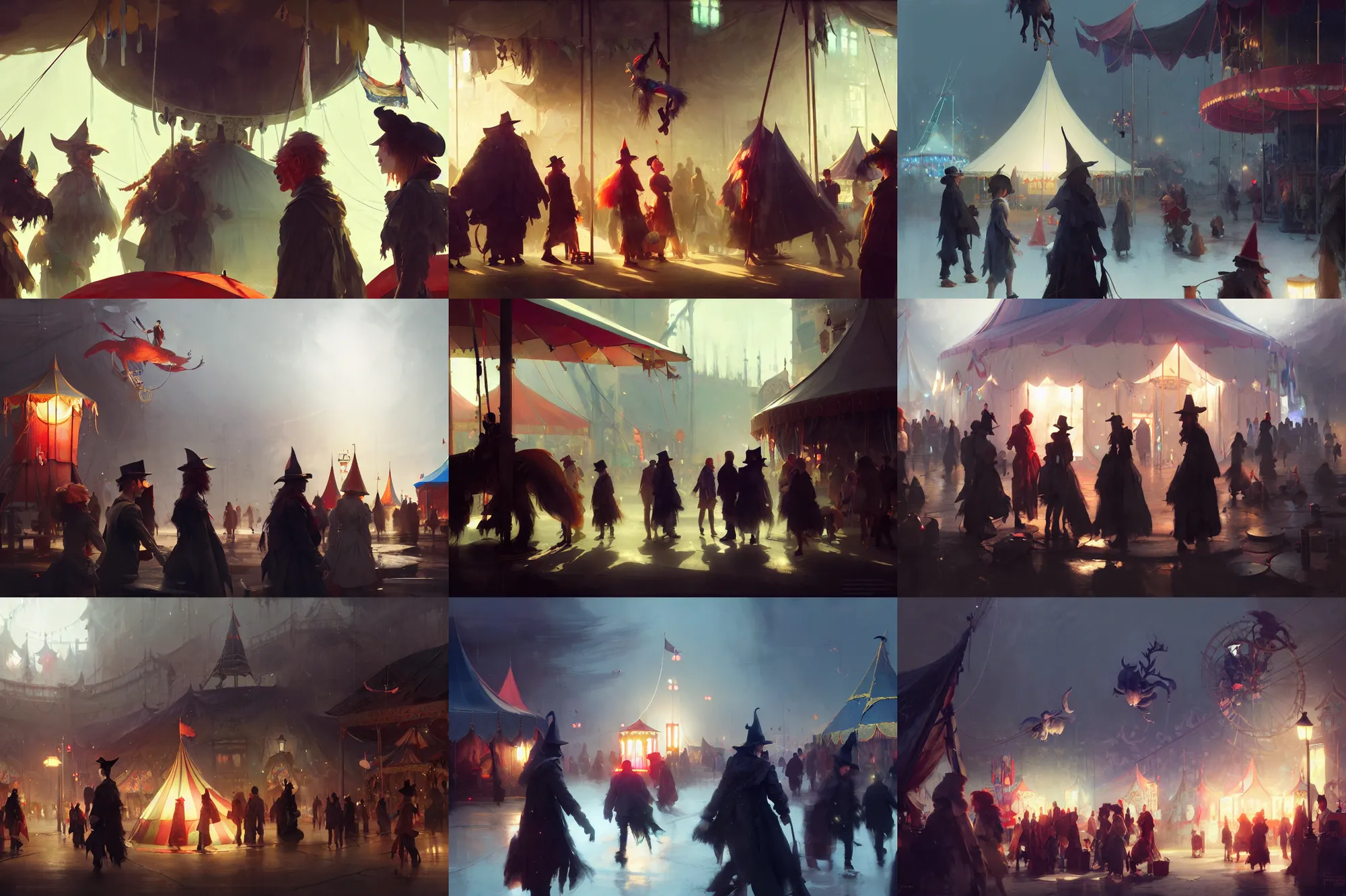 Prompt: close up group of friends exploring the witchlight carnival, small town exterior outside, big top circus tent, highly detailed, digital painting, concept art, matte, art by ruan jia and wlop and greg rutkowski and makoto shinkai, masterpiece