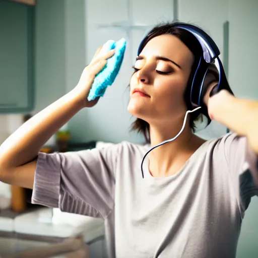 Prompt: woman on pyjamas singing with headphones on, eyes closed, and hugging cleaning products, high detail, shallow depth, kitchen background