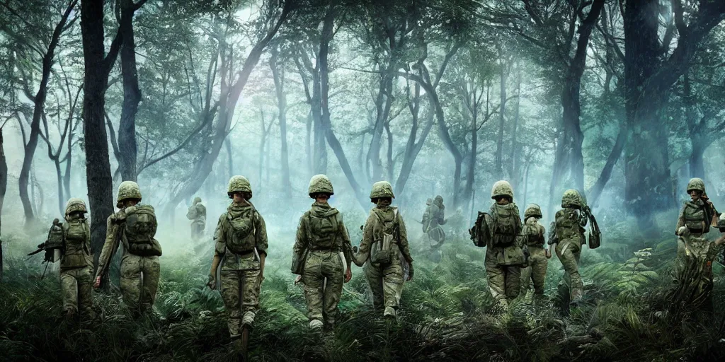 Prompt: group of female soldiers, searching through iridescent woods, makeshift camp, aerial photography, eerie, beautiful, stunning, intricate detail, cinematic, unreal engine, concept art, photorealism