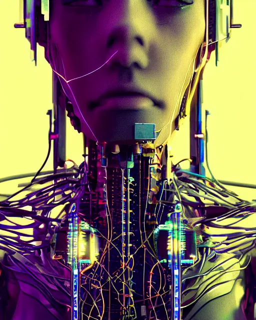 Image similar to a human heart cyberpunk style, revealing wires and electronics, hooked - up, sci - fi, missing panels, intricate abstract upper body intricate artwork, concept art, octane render, deviantart, cinematic, key art, hyperrealism, iridescent accents, portrait photograph, nikon 3 5 mm, photograph by greg rutkowski