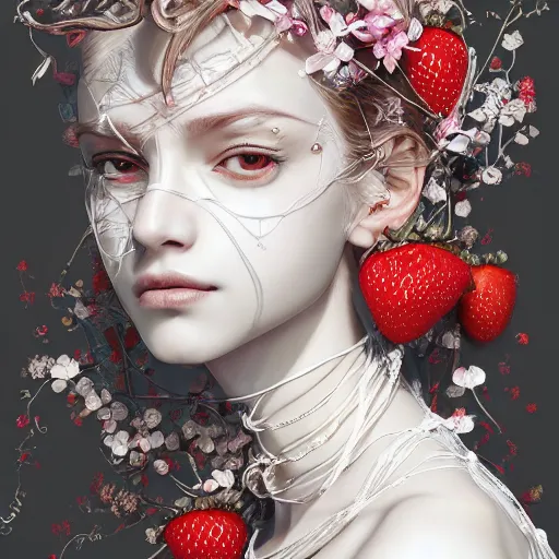 Image similar to the portrait of an absurdly beautiful, graceful, elegant, sophisticated, fashionable young woman made of strawberries and white petals looking down, an ultrafine hyperdetailed illustration by kim jung gi, irakli nadar, intricate linework, bright colors, octopath traveler, final fantasy, unreal engine 5 highly rendered, global illumination, radiant light, detailed and intricate environment