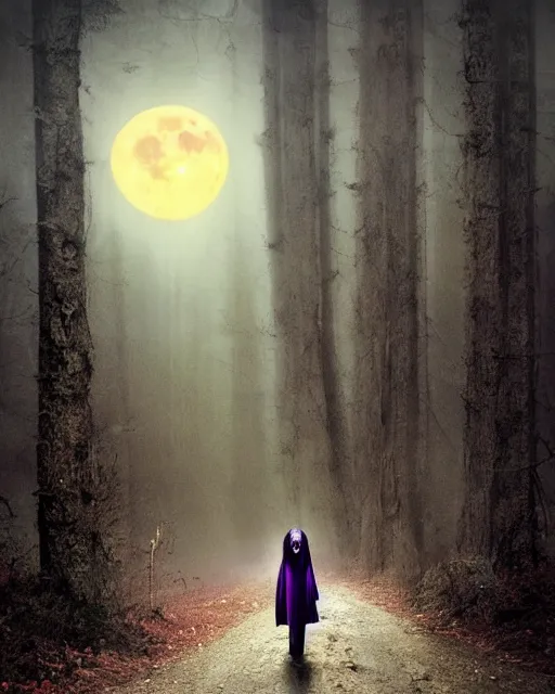 Image similar to Tall emaciated man wolf hybrid, covered in matted fur, he has yellow wolf eyes, a long bent rat like tail, long coyote like ears, and is Wearing a purple velvet cape and Top Hat, Atmospheric Full Moon, beautiful foggy Forrest, highly realistic, Rick Baker style, photoreal, photograph in the style of Annie Leibovitz, artstation