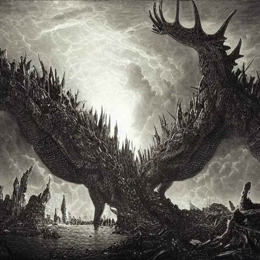 Prompt: godzilla sized deer demolish city, gustave dore