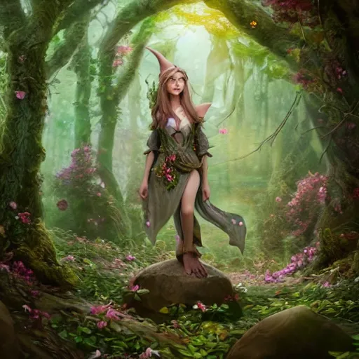 Image similar to a picture of a forest elf clothed in flowers and leaves standing on a stone in an enchanted forest, high fantasy, elegant, epic, detailed, intricate, digital painting, concept art, realistic detailed face, smooth, focus, rim light, detailed 8 5 mm f / 1. 4