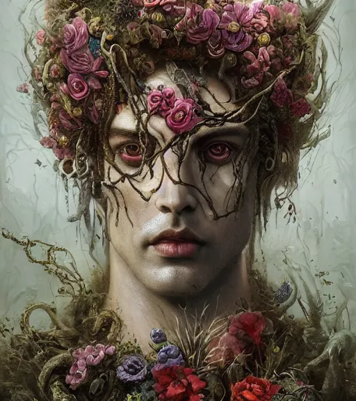 Image similar to portrait of the supreme king of the underworld, cryptic, mysterious, surrounded by skulls and overgrowth and flowers and cords, mist by karol bak, James Jean, tom bagshaw, rococo, trending on artstation, cinematic lighting, hyper realism, octane render, 8k, hyper detailed.