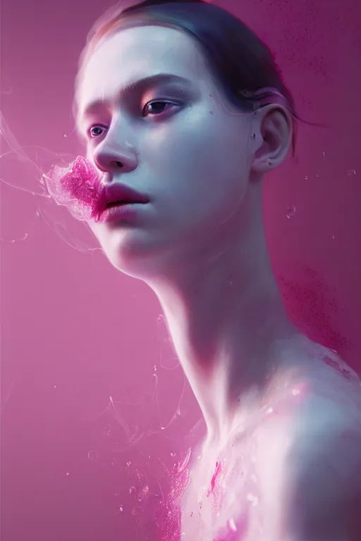 Prompt: 3 d, close - up, liquid white oil, sleepy drunk fashion model, light fog, smoke, poster art, high detail, intricate oil painting, multiple exposure, deep pink color palette, hyperrealism, 3 d, by tooth wu and wlop and beeple and greg rutkowski