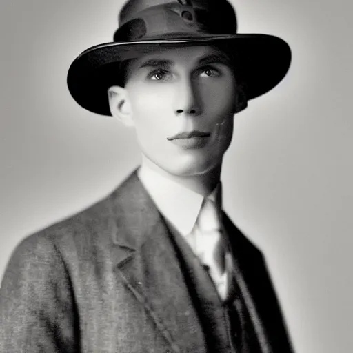 Prompt: A photograph portrait of Jerma985 wearing a homburg hat in the early 1920s, taken in the early 1920s, grainy, taken on a early 1900s Kodak Camera, realistic, hyperrealistic, very realistic, highly detailed, very detailed, extremely detailed, detailed, digital art, trending on artstation