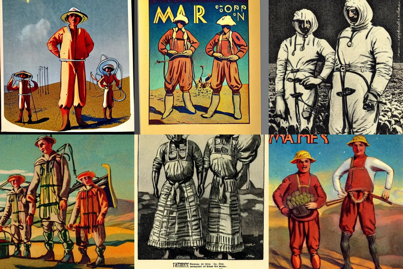 Prompt: An image in a magazine depicting farmers on mars in traditional farmers outfits, 1920s speculative futurism