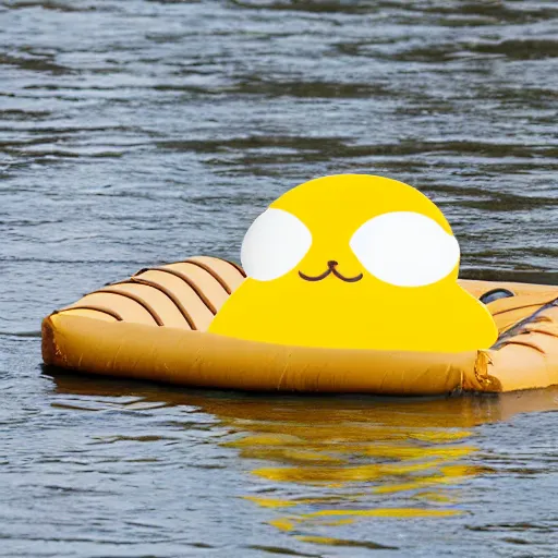 Image similar to gudetama riding a raft down the river, lazy egg