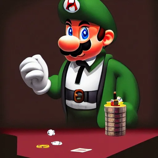 Prompt: super mario as a mafia boss smoking a cigar whilst playing poker, dark atmosphere, very detailed, cinematic lighting