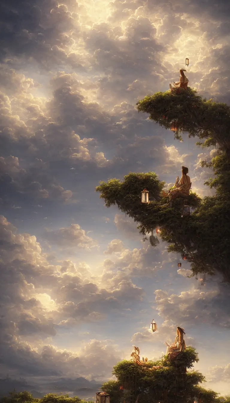 Image similar to wind deity enjoying the view from his stone heavenly palace, decorated with windchimes and paper lanterns, stunning nature and clouds in background, digital art, detailed, by greg rutkowski