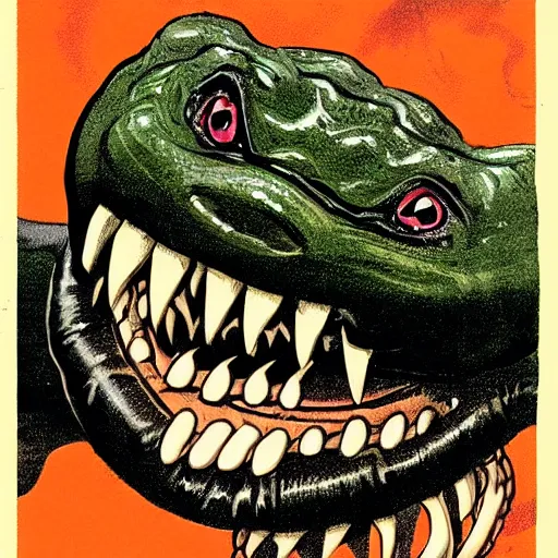 Image similar to a close up illustration of an aggressive copperhead snake with its fangs and tongue showing. illustrated in the style of hardy boys book covers by illustrator gino d ’ achille