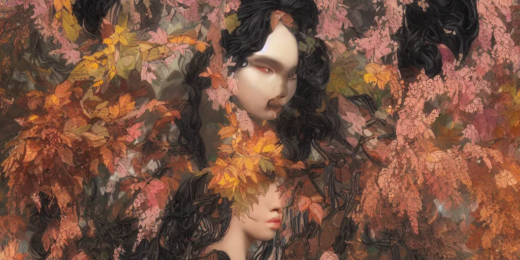 Prompt: breathtaking detailed concept art painting pattern of black faces goddesses amalgamation autumn leaves with anxious piercing eyes and blend of flowers and birds, by hsiao - ron cheng and john james audubon, bizarre compositions, exquisite detail, extremely moody lighting, 8 k