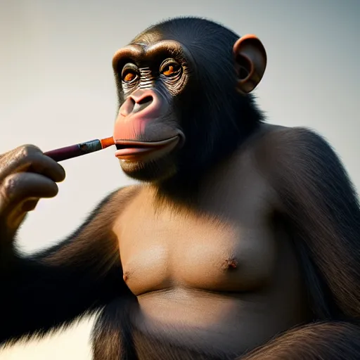 Image similar to a high detail shot of a chimp wearing a suit, smoking, unreal engine