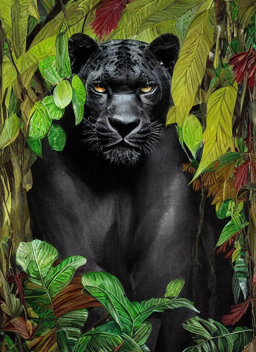 Prompt: a beautiful painting portrait of a black jaguar surrounded by the leaves of the jungle, highly detailed close up, fantasy art, matte painting