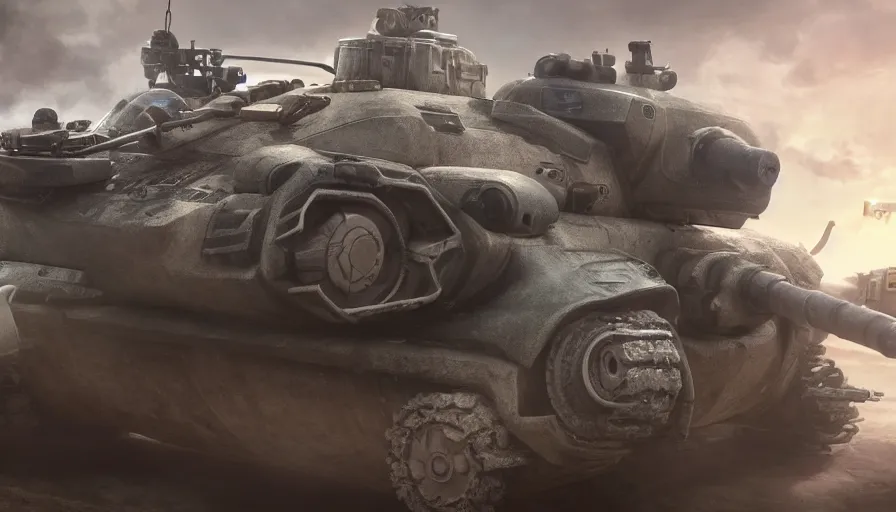 Image similar to hybrid of a sad tank and a happy pig, beautiful detailed face, ultra realistic, concept art, intricate details, serious, highly detailed, photorealistic, octane render, 8 k, unreal engine.