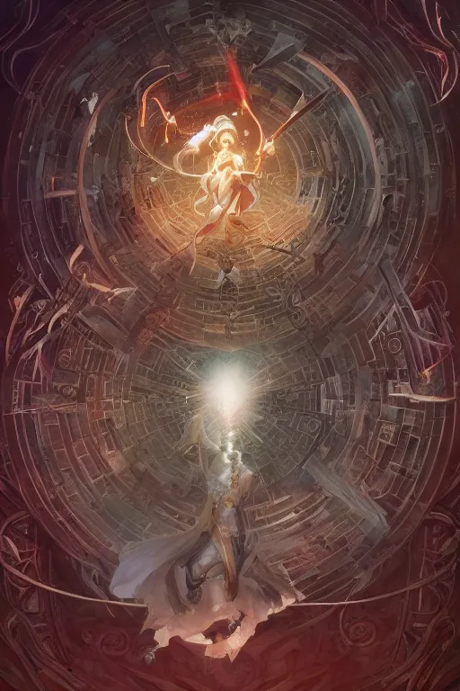 Image similar to sword labyrinth spell scroll art by artgerm and greg rutkowski and Craig Mullins, James Jean, Andrey Ryabovichev, Mark Simonetti and Peter Morbacher 16k