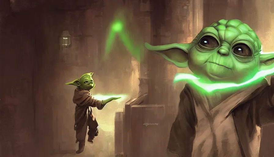 Image similar to Yoda being drunk in an alley at coruscant, close-up shot, details, sharp focus, illustration, by Jordan Grimmer and greg rutkowski, Trending artstation, pixiv, digital Art