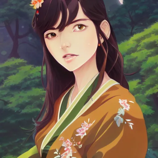 Prompt: a beautiful woman with long dark brown hair and tan skin, green eyes wearing a kimono, city landscape, 4k, anime key visual, lois van baarle, ilya kuvshinov, rossdraws, artstation