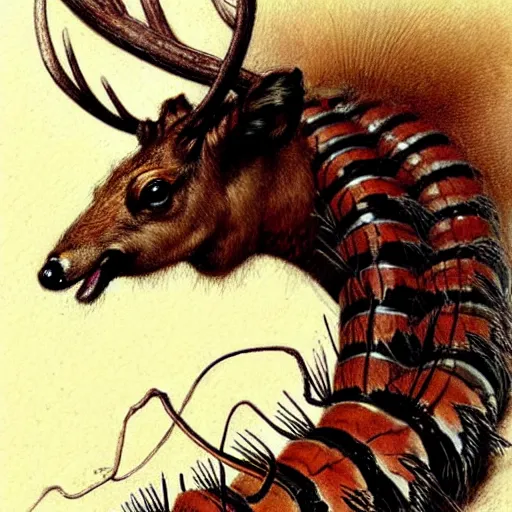 Prompt: ((((( a centipede that looks like an elk . muted colors.))))) by Jean-Baptiste Monge !!!!!!!!!!!!!!!!!!!!!!!!!!!