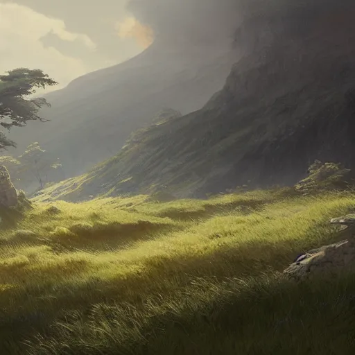 Image similar to concept art painting of a high moorland marsh above a mountainous forest, realistic, detailed, cel shaded, in the style of makoto shinkai and greg rutkowski and james gurney