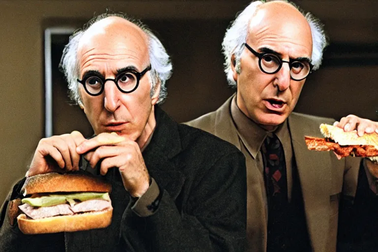 Image similar to larry david eating a sandwich, horror film still, dark atmosphere