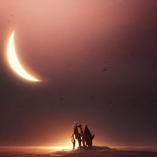 Prompt: a highly detailed matte painting of a double solar eclipse, art by artgerm and greg rutkowski and alphonse mucha, volumetric lighting, octane render, 4 k resolution, trending on artstation, masterpiece