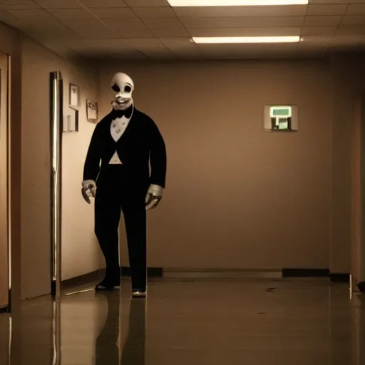 Image similar to movie still of chuck e cheese standing creepily in a empty hallway, dark energy, 4 k, directed by todd philips