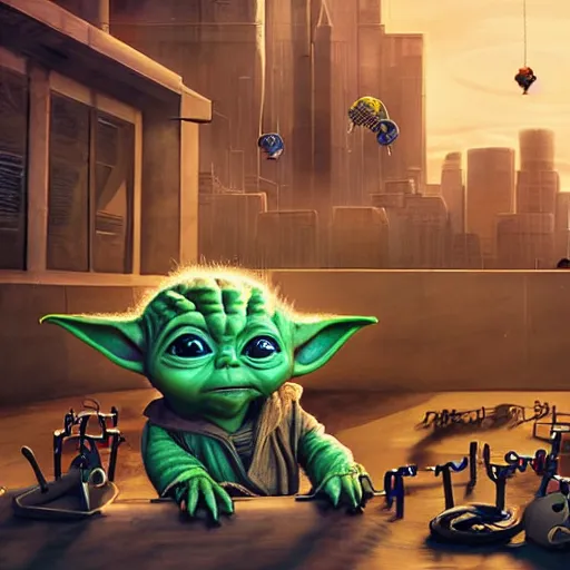 Prompt: masterful digital art, eye - level view, medium - shot, baby yoda is at the busy school playground in a cyberpunk city. baby yoda smiles and plays on a swing set. golden hour. realism, detailed, depth, chiaroscuro, limited color palette. in the background some balloons float in the sky. mandalorian ( tv ).