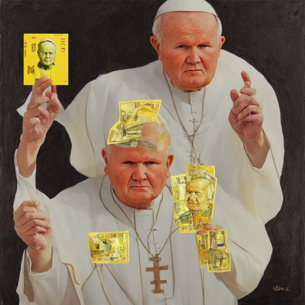 Prompt: Painting of John Paul II with a yellow face holding a 100 dollar bill in his hand