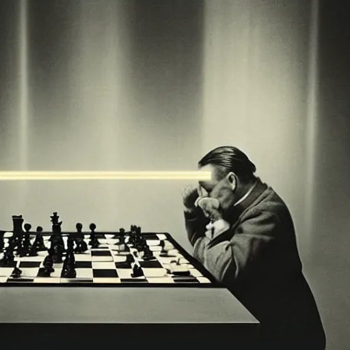 Image similar to filmstill of Marcel Duchamp playing chess against a futuristic machine, long exposure, minimal composition, packshot, archival pigment print