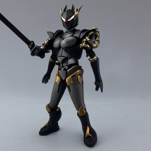 Image similar to High Fantasy Kamen Rider with a Mini Figure Gimmick, glowing eyes, moody colors, rock quarry daytime, grey rubber undersuit, segmented armor, Guyver Dark Hero