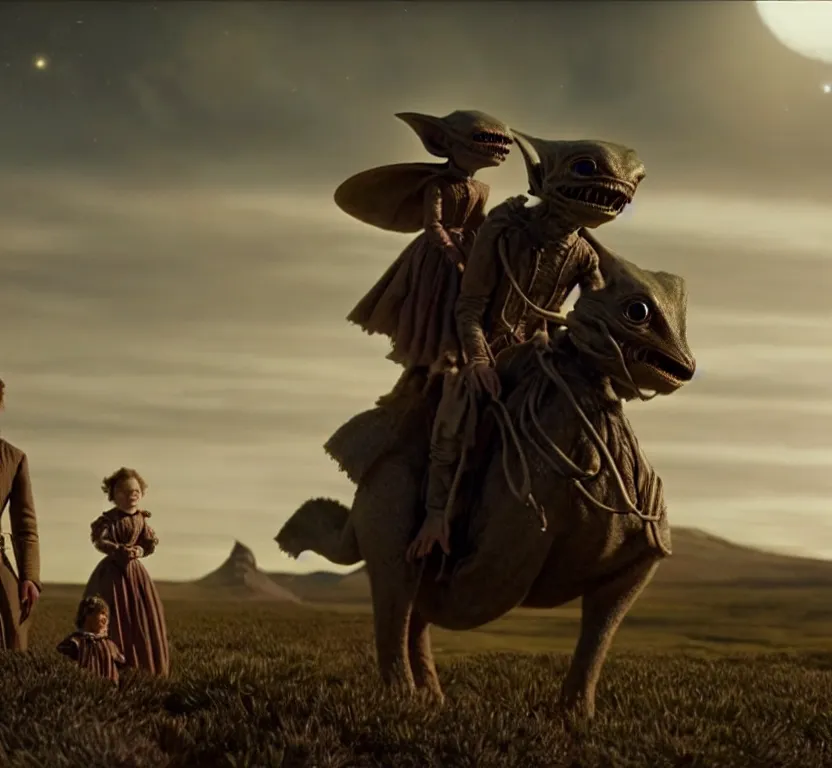 Image similar to sharp, highly detailed, film from a 2 0 1 9 sci fi 8 k movie, set in 1 8 6 0, a human family riding on the back of small cute alien creatures, across an alien landscape, wearing 1 8 6 0 s clothes, atmospheric lighting, in focus, reflective eyes, 3 5 mm macro lens, live action, nice composition