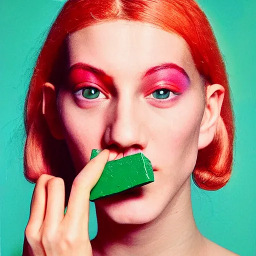 Image similar to a studio close - up portrait of a beautiful fashion model holding a brick to her ear. surreal photograph, lo - fi, polished look, silly and serious, hermes ad, fashion photography, toiletpaper magazine by pierpaolo ferrari and maurizio cattelan, 3 5 mm photograph, colourful, by pierpaolo ferrari, maurizio cattelan, david lachapelle