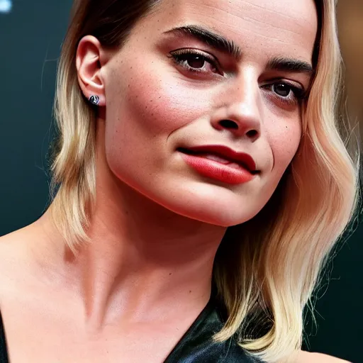 Image similar to a woman who is a genetic combination of margot robbie and emma watson face and upper - body focus