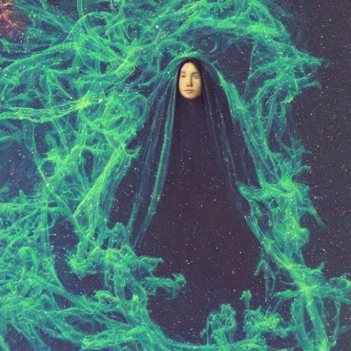 Image similar to a closeup portrait of a cloaked woman floating next to an eel nebula, eel nebula, early netherlandish painting