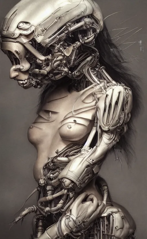 Image similar to beautiful Japanese girl is an unsettling scary terrifying bio mechanical cyborg post human, physically accurate, dramatic dynamic lighting, intricate, elegant, highly detailed, digital painting, artstation, very hyperrealistic, very very very HR GIGER, very Bensinski, Hieronymus Bosch, Francis Bacon, smooth, sharp focus, art by artgerm and greg rutkowski and alphonse mucha