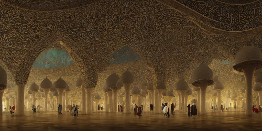 Image similar to Photorealistic exterior of a mosque in giant glowing mushroom underworld, with great domes and arches, people and androids wearing traditional japanese clothing. photorealism, UHD, amazing depth, glowing rich colors, golden ratio, 3D octane cycle unreal engine 5, volumetric lighting, cinematic lighting, cgstation artstation concept art