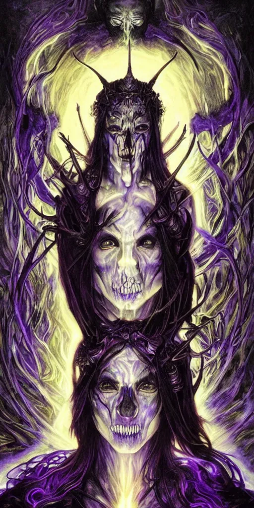 Image similar to intense glowing black metal pagan god with horns and veins and intense glowing eyes and a skull in very dark cosmic space by karol bak and artgerm and alphonse mucha, portrait, fantasy, clear, light beams, lens flare, intense, uhd, amazing depth, cinematic lighting, purple and violet and indigo and blue