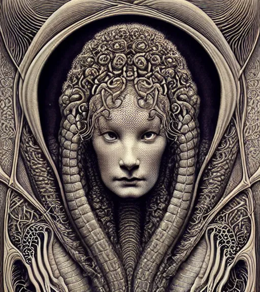 Image similar to detailed realistic beautiful snake goddess face portrait by jean delville, gustave dore, iris van herpen and marco mazzoni, art forms of nature by ernst haeckel, art nouveau, symbolist, visionary, gothic, neo - gothic, pre - raphaelite, fractal lace, intricate alien botanicals, ai biodiversity, surreality, hyperdetailed ultrasharp octane render