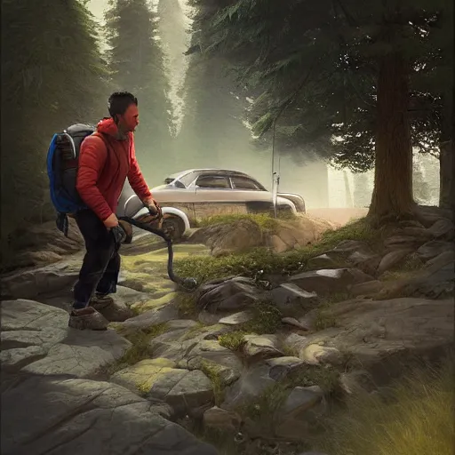 Image similar to hiker unloading the car before camping, by roman shipunov, cgsociety, cynical realism, fantasy art, 2 d game art