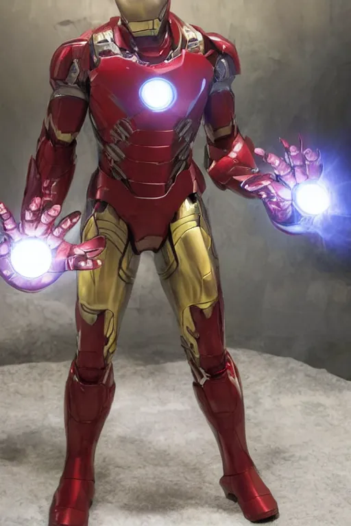 Prompt: iron man with the infinity gauntlet connected into the suit, cinematic, volumetric lighting, f 8 aperture, cinematic eastman 5 3 8 4 film, photorealistic