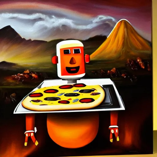 Image similar to robot cooking pizza in front of a volcano, oil painting, dark